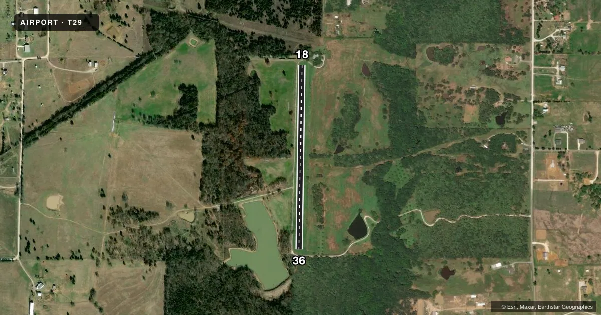 Top-down satellite sketch of T29 FLYING H RANCH in WHITESBORO, TEXAS, showing runways 18/36 drawn to scale over Esri World Imagery