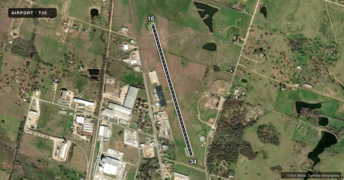 Top-down satellite sketch of T35 CAMERON MUNI AIRPARK in CAMERON, TEXAS, showing runways 16/34 drawn to scale over Esri World Imagery