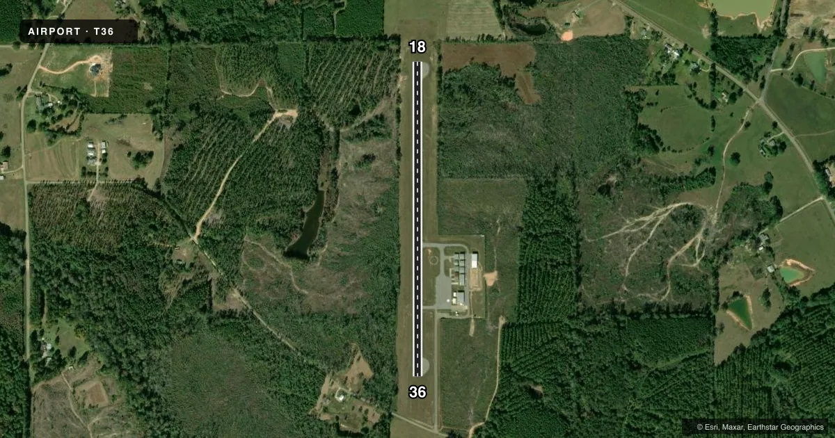Top-down satellite sketch of T36 PAUL PITTMAN MEML in TYLERTOWN, MISSISSIPPI, showing runways 18/36 drawn to scale over Esri World Imagery