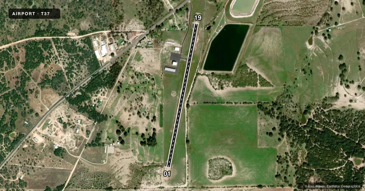 Top-down satellite sketch of T37 GOLDTHWAITE MUNI in GOLDTHWAITE, TEXAS, showing runways 01/19 drawn to scale over Esri World Imagery