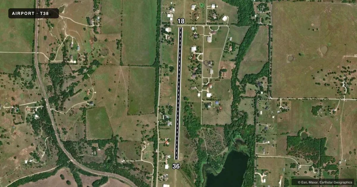 Top-down satellite sketch of T38 BAR V K in BOLIVAR, TEXAS, showing runways 18/36 drawn to scale over Esri World Imagery