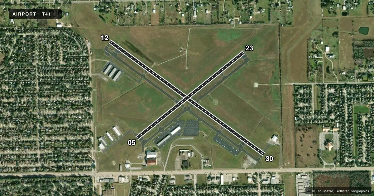 Top-down satellite sketch of T41 LA PORTE MUNI in LA PORTE, TEXAS, showing runways 12/30, 05/23 drawn to scale over Esri World Imagery