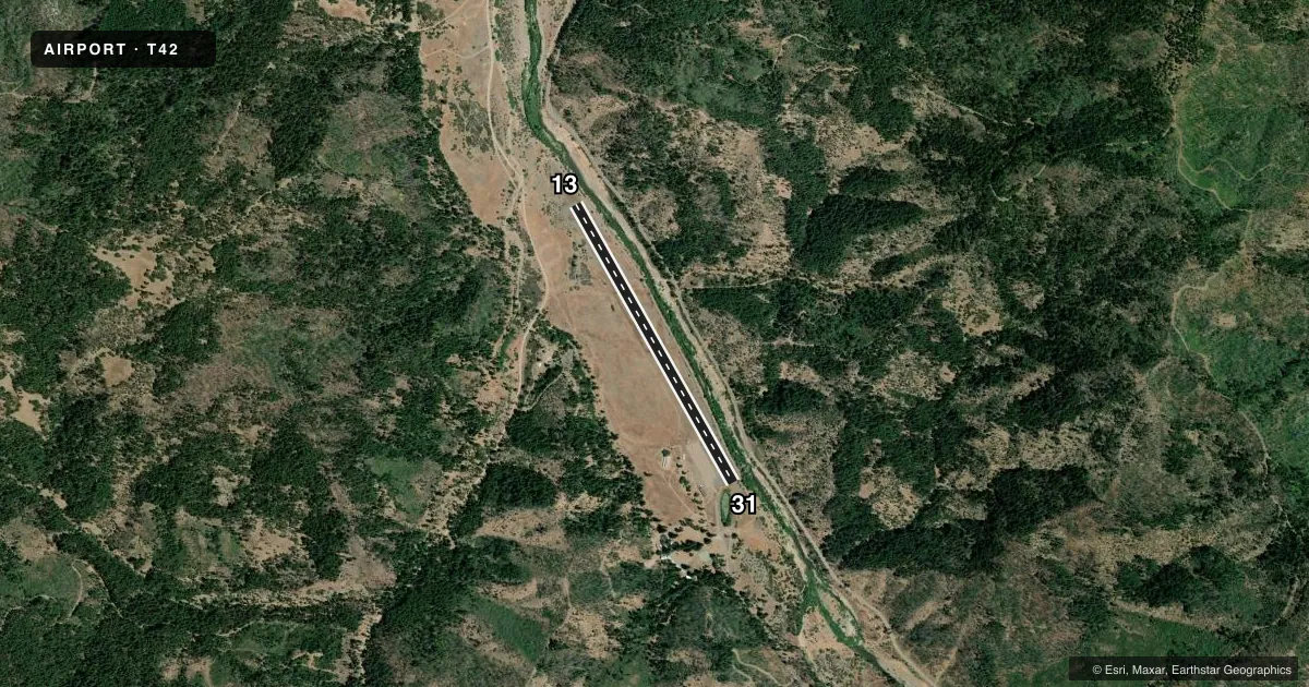Top-down satellite sketch of T42 RUTH in RUTH, CALIFORNIA, showing runways 13/31 drawn to scale over Esri World Imagery
