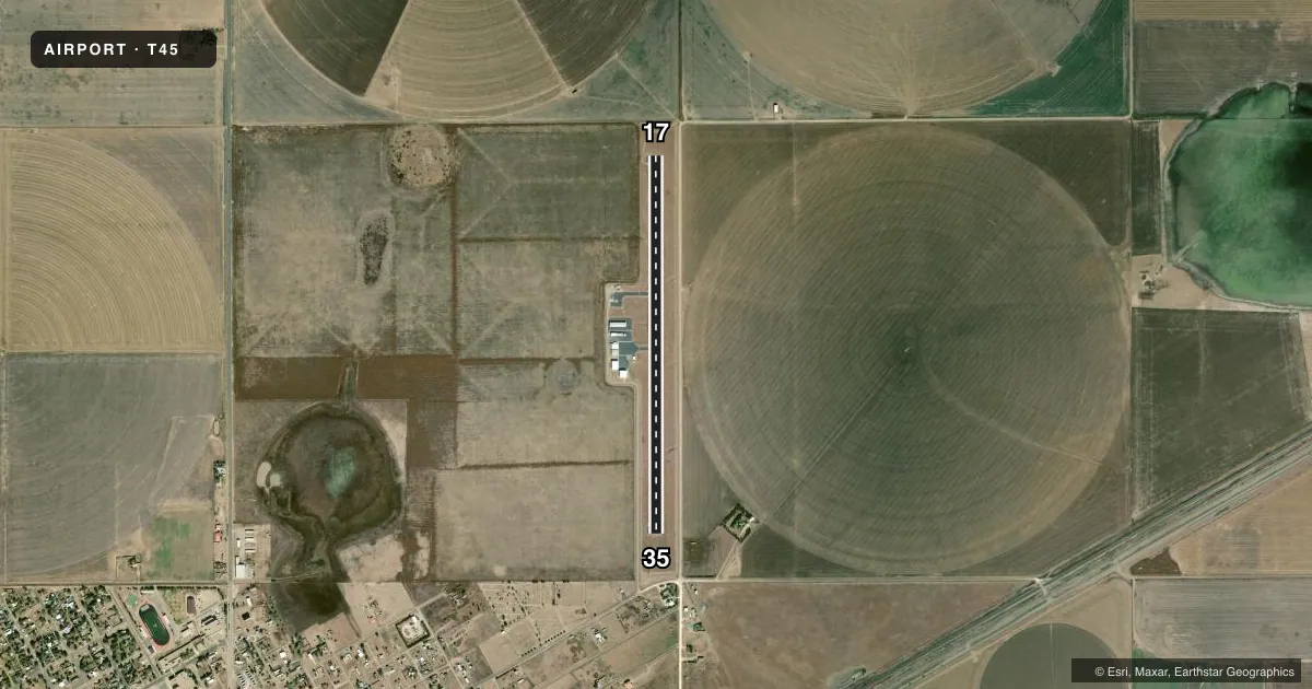 Top-down satellite sketch of T45 PANHANDLE-CARSON COUNTY in PANHANDLE, TEXAS, showing runways 17/35 drawn to scale over Esri World Imagery