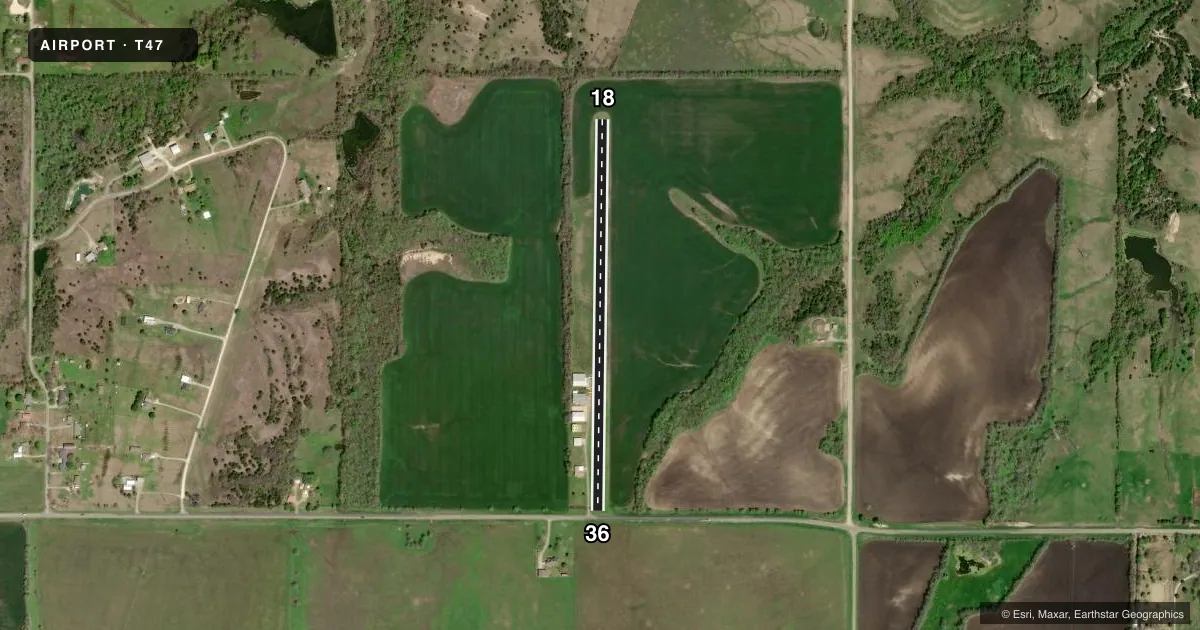 Top-down satellite sketch of T47 FINNEY FLD in HOWE, TEXAS, showing runways 18/36 drawn to scale over Esri World Imagery