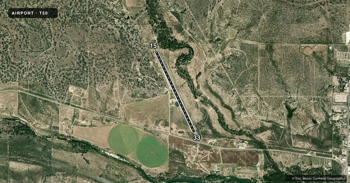 Top-down satellite sketch of T50 MENARD COUNTY in MENARD, TEXAS, showing runways 15/33 drawn to scale over Esri World Imagery