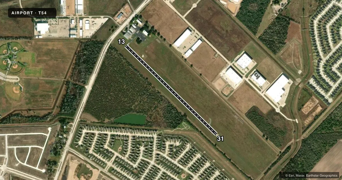 Top-down satellite sketch of T54 LANE AIRPARK in ROSENBERG, TEXAS, showing runways 13/31 drawn to scale over Esri World Imagery