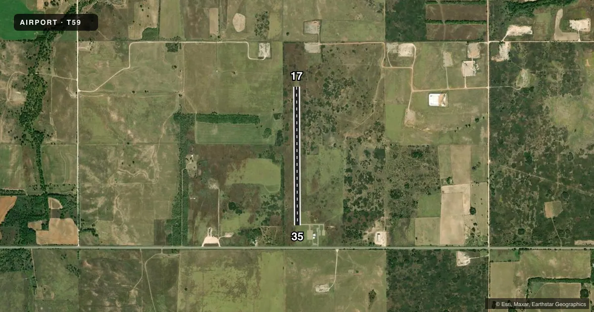 Top-down satellite sketch of T59 WHEELER MUNI in WHEELER, TEXAS, showing runways 17/35 drawn to scale over Esri World Imagery