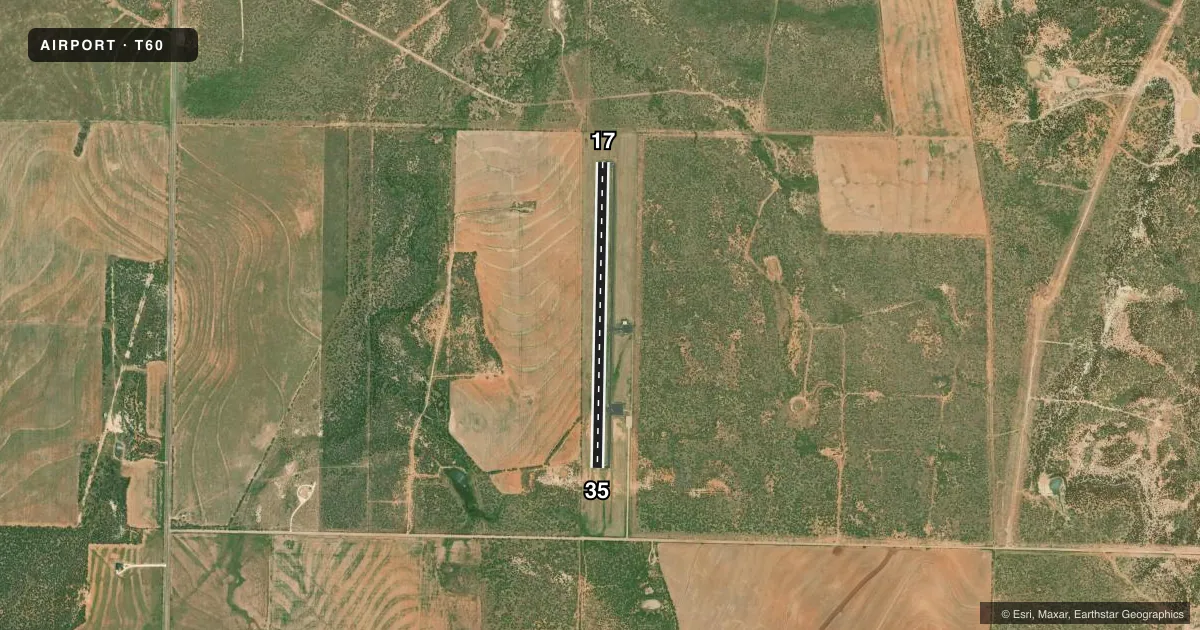 Top-down satellite sketch of T60 STONEWALL COUNTY in ASPERMONT, TEXAS, showing runways 17/35 drawn to scale over Esri World Imagery