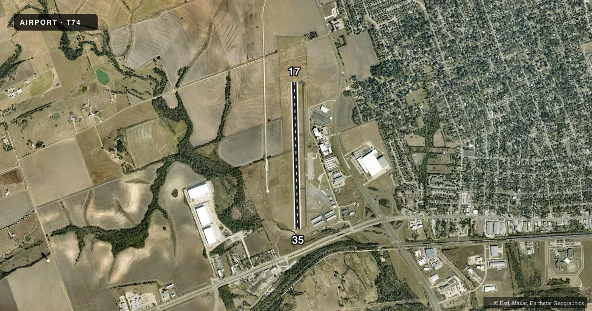 Top-down satellite sketch of T74 TAYLOR MUNI in TAYLOR, TEXAS, showing runways 17/35 drawn to scale over Esri World Imagery
