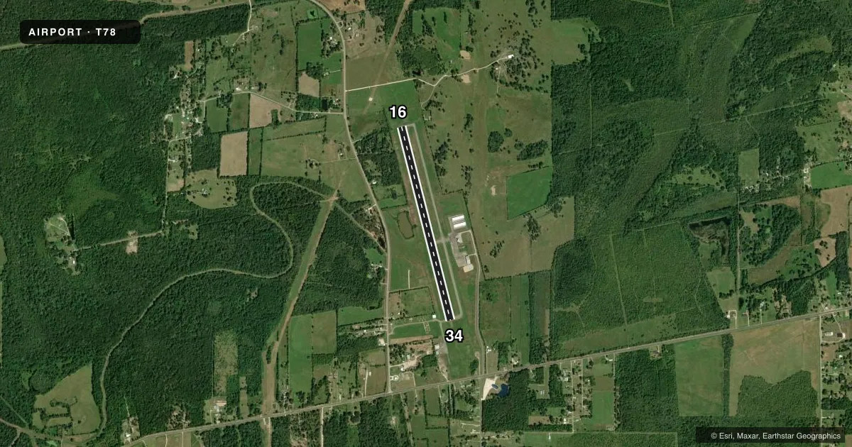 Top-down satellite sketch of T78 LIBERTY MUNI in LIBERTY, TEXAS, showing runways 16/34 drawn to scale over Esri World Imagery