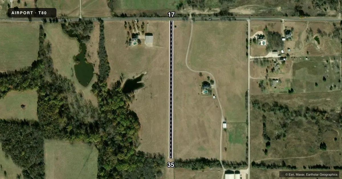 Top-down satellite sketch of T80 BISHOP'S LANDING in CELINA, TEXAS, showing runways 17/35 drawn to scale over Esri World Imagery