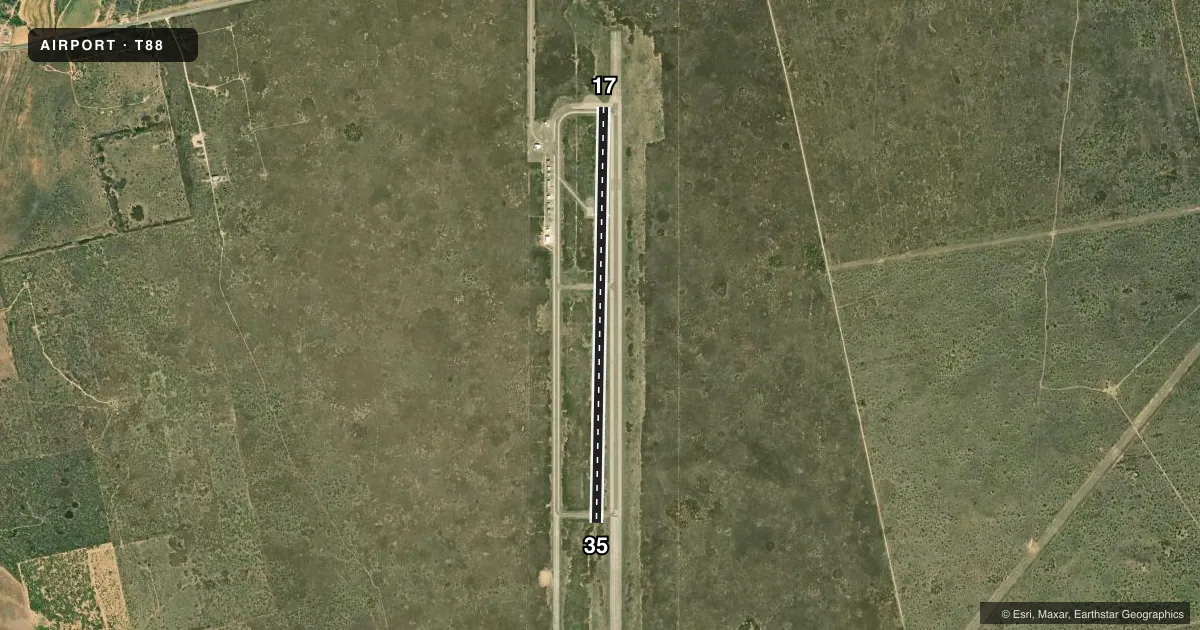 Top-down satellite sketch of T88 COLORADO CITY in COLORADO CITY, TEXAS, showing runways 17/35 drawn to scale over Esri World Imagery