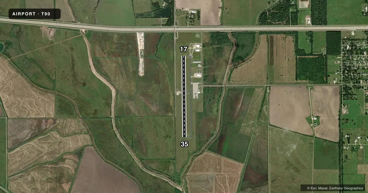 Top-down satellite sketch of T90 CHAMBERS COUNTY/WINNIE STOWELL in WINNIE/STOWELL, TEXAS, showing runways 17/35 drawn to scale over Esri World Imagery