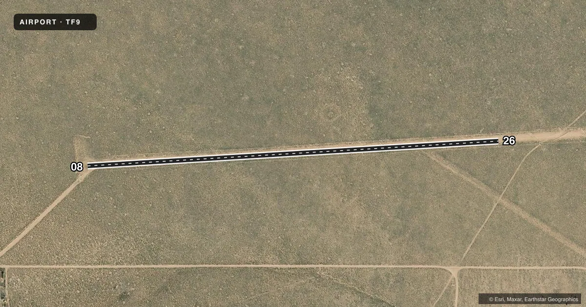 Top-down satellite sketch of TF9 TAYLOR FLAT in DUTCH JOHN, UTAH, showing runways 08/26 drawn to scale over Esri World Imagery