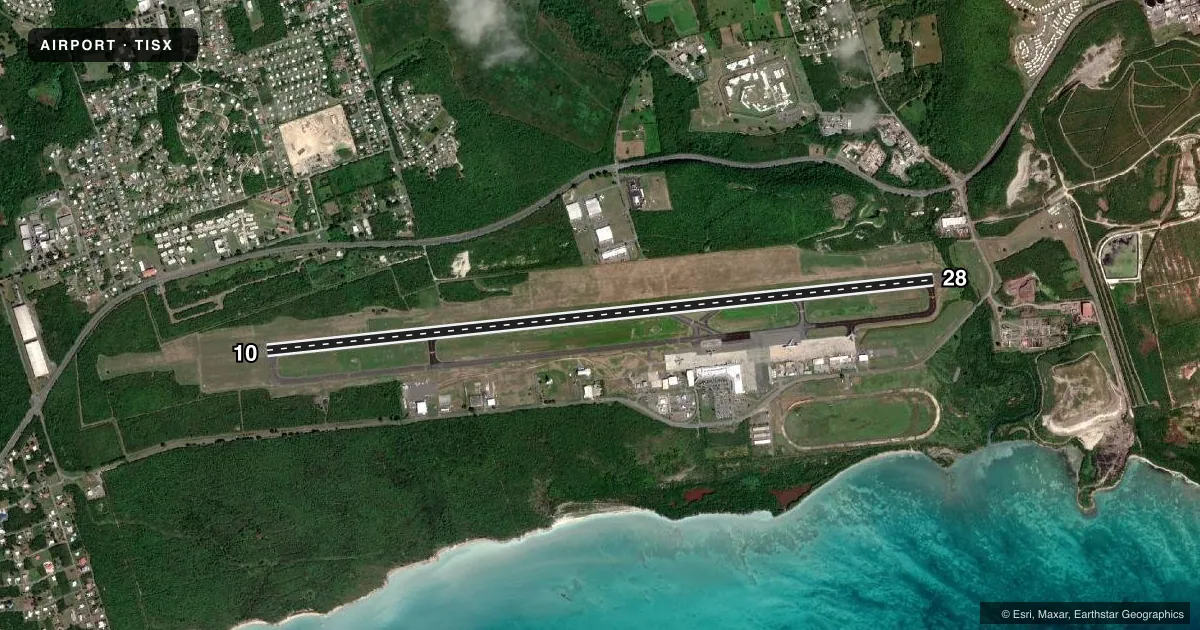 Top-down satellite sketch of TISX HENRY E ROHLSEN in CHRISTIANSTED, VIRGIN ISLANDS, showing runways 10/28 drawn to scale over Esri World Imagery