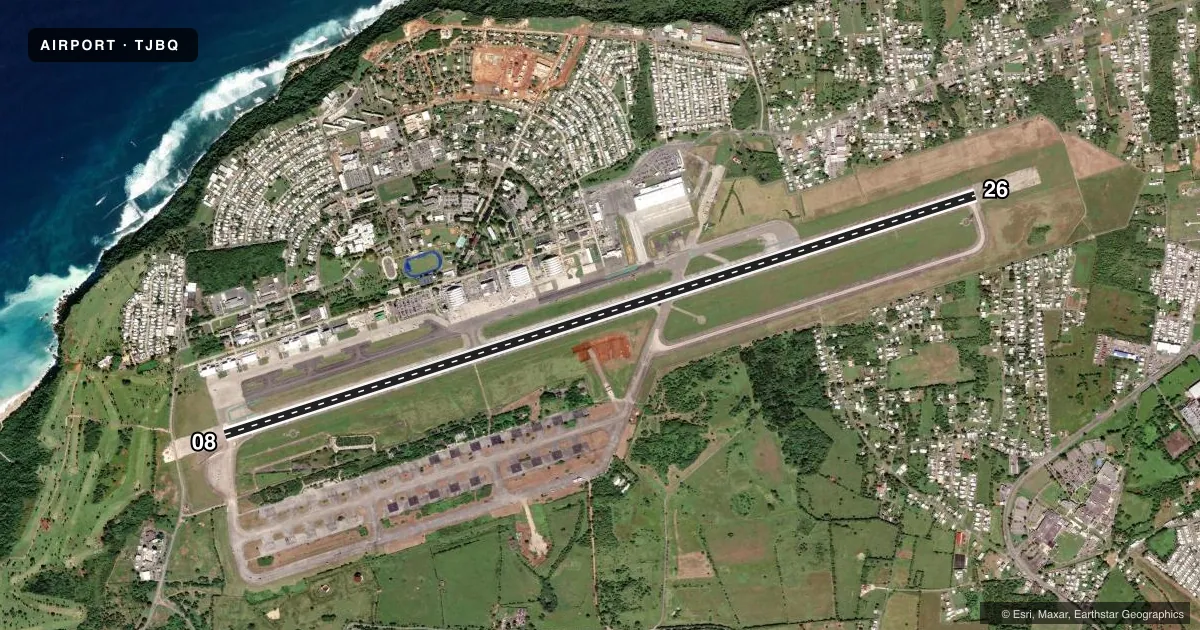 Top-down satellite sketch of TJBQ RAFAEL HERNANDEZ in AGUADILLA, PUERTO RICO, showing runways 08/26 drawn to scale over Esri World Imagery