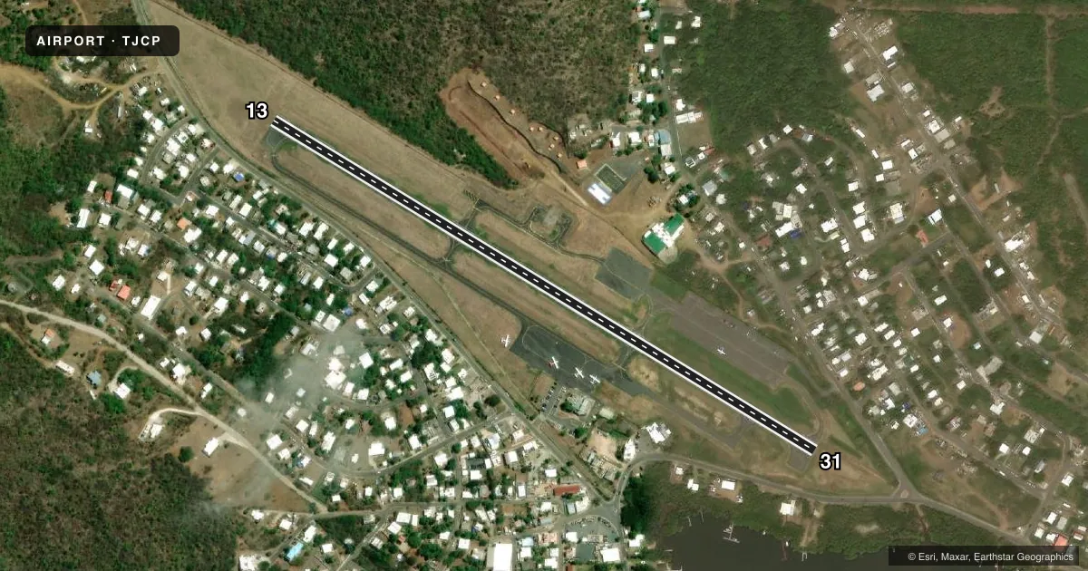 Top-down satellite sketch of TJCP BENJAMIN RIVERA NORIEGA in ISLA DE CULEBRA, PUERTO RICO, showing runways 13/31 drawn to scale over Esri World Imagery