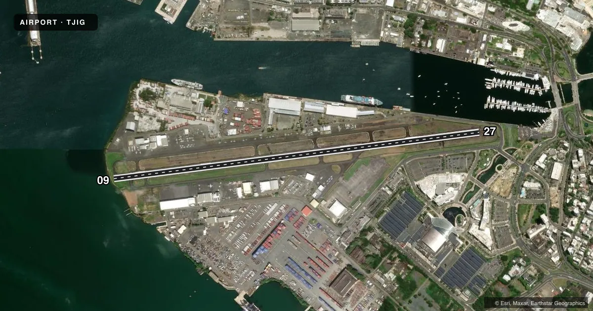 Top-down satellite sketch of TJIG FERNANDO LUIS RIBAS DOMINICCI in SAN JUAN, PUERTO RICO, showing runways 09/27 drawn to scale over Esri World Imagery