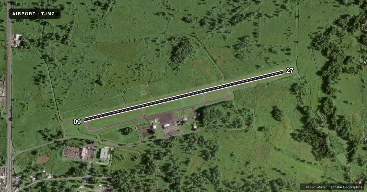 Top-down satellite sketch of TJMZ EUGENIO MARIA DE HOSTOS in MAYAGUEZ, PUERTO RICO, showing runways 09/27 drawn to scale over Esri World Imagery