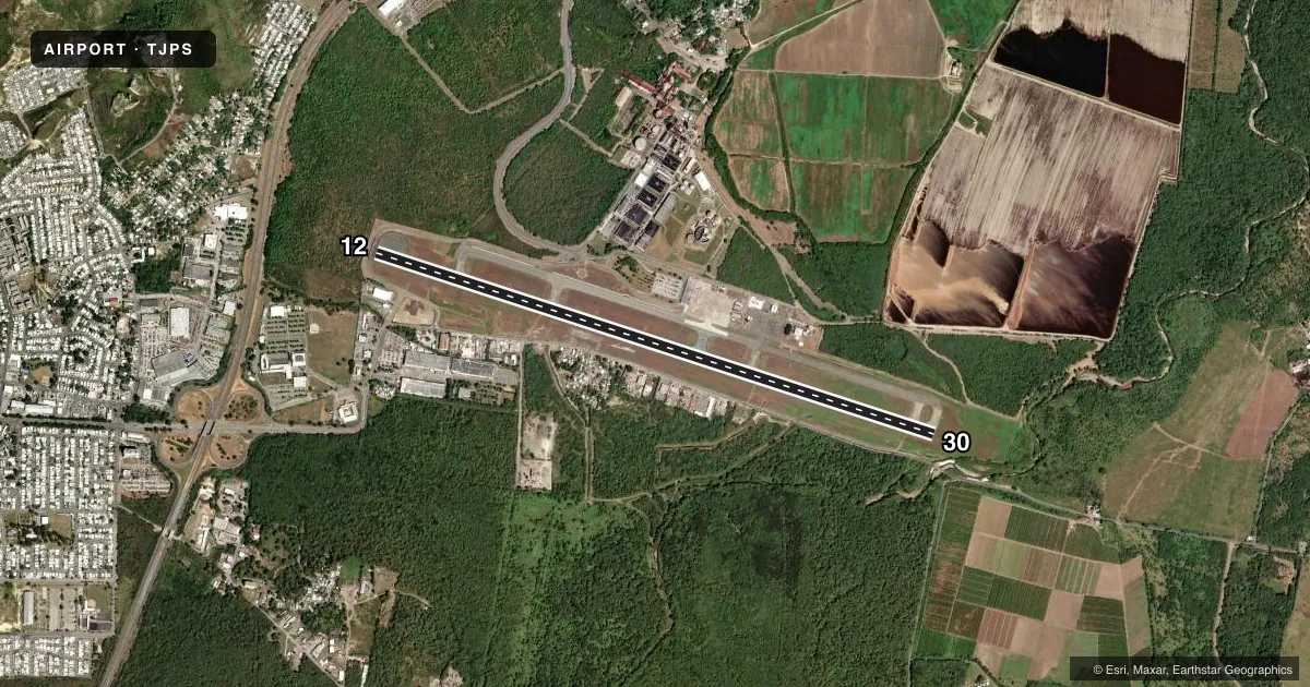 Top-down satellite sketch of TJPS MERCEDITA in PONCE, PUERTO RICO, showing runways 12/30 drawn to scale over Esri World Imagery