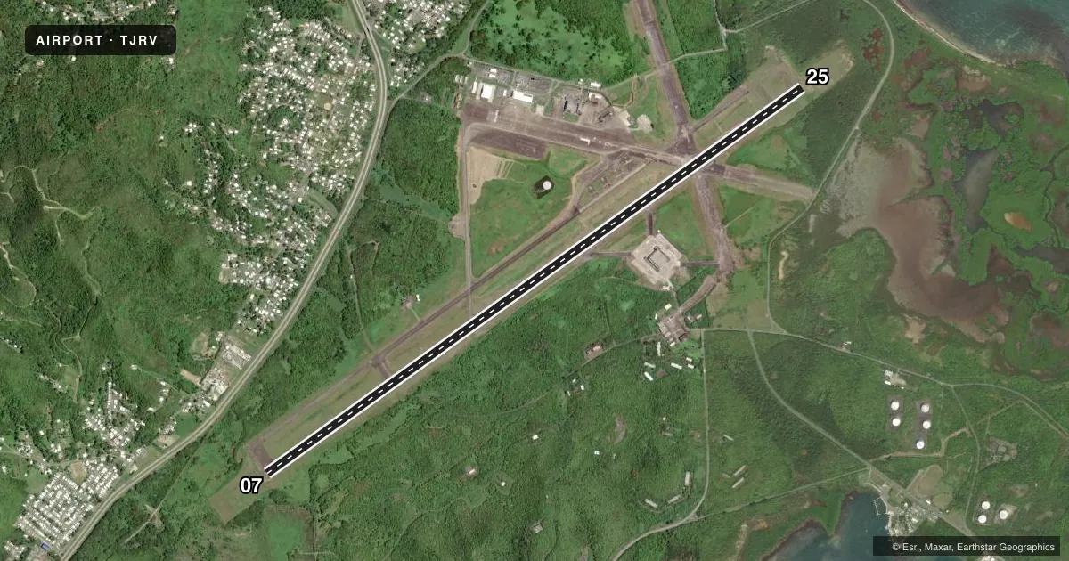 Top-down satellite sketch of TJRV JOSE APONTE DE LA TORRE in CEIBA, PUERTO RICO, showing runways 07/25 drawn to scale over Esri World Imagery