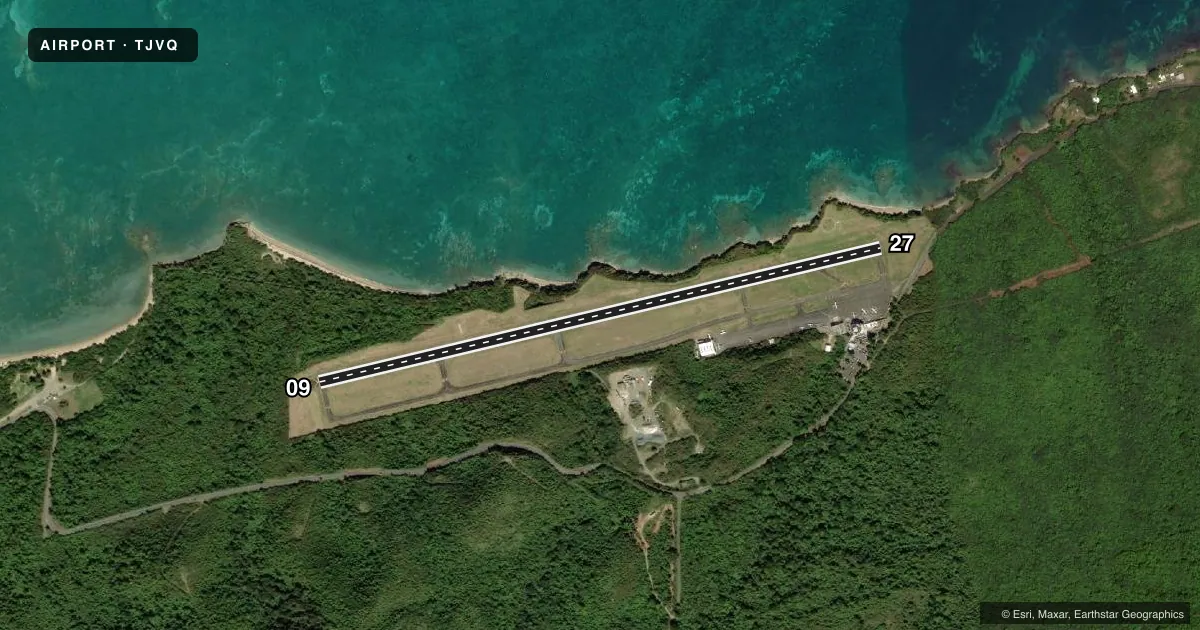 Top-down satellite sketch of TJVQ ANTONIO RIVERA RODRIGUEZ in ISLA DE VIEQUES, PUERTO RICO, showing runways 09/27 drawn to scale over Esri World Imagery