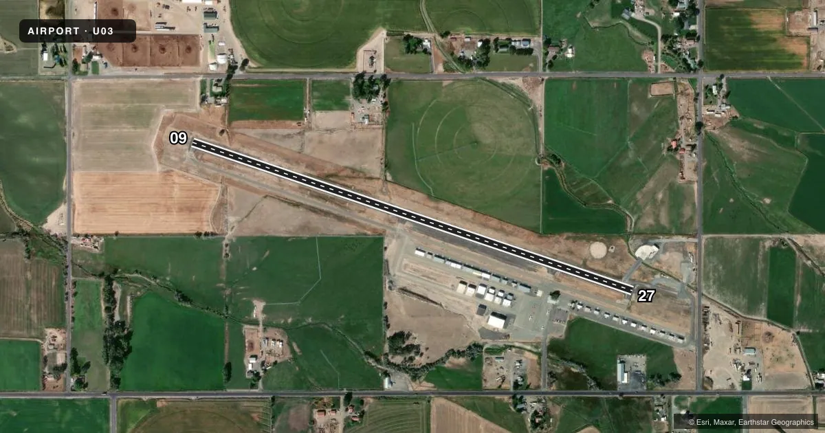Top-down satellite sketch of U03 BUHL MUNI in BUHL, IDAHO, showing runways 09/27 drawn to scale over Esri World Imagery