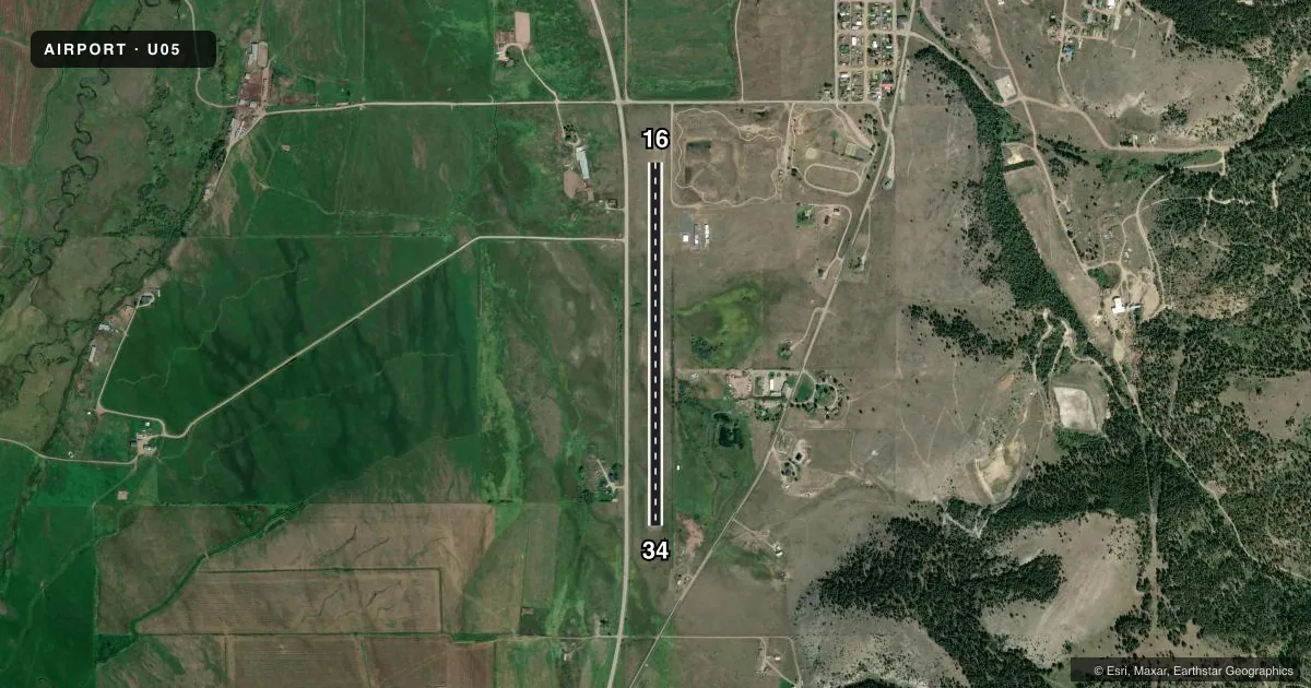 Top-down satellite sketch of U05 RIDDICK FLD in PHILIPSBURG, MONTANA, showing runways 16/34 drawn to scale over Esri World Imagery
