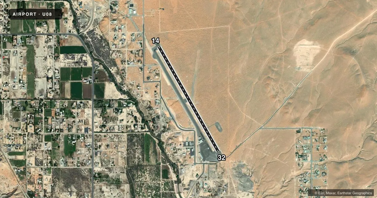 Top-down satellite sketch of U08 PERKINS FLD in OVERTON, NEVADA, showing runways 14/32 drawn to scale over Esri World Imagery