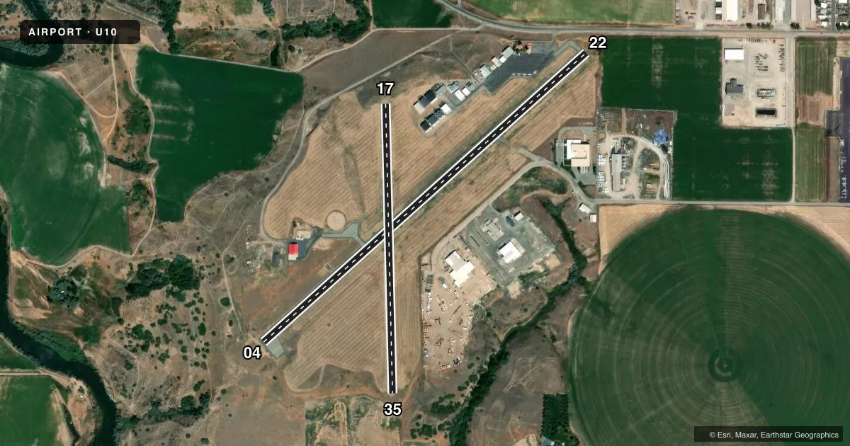 Top-down satellite sketch of U10 PRESTON in PRESTON, IDAHO, showing runways 04/22, 17/35 drawn to scale over Esri World Imagery