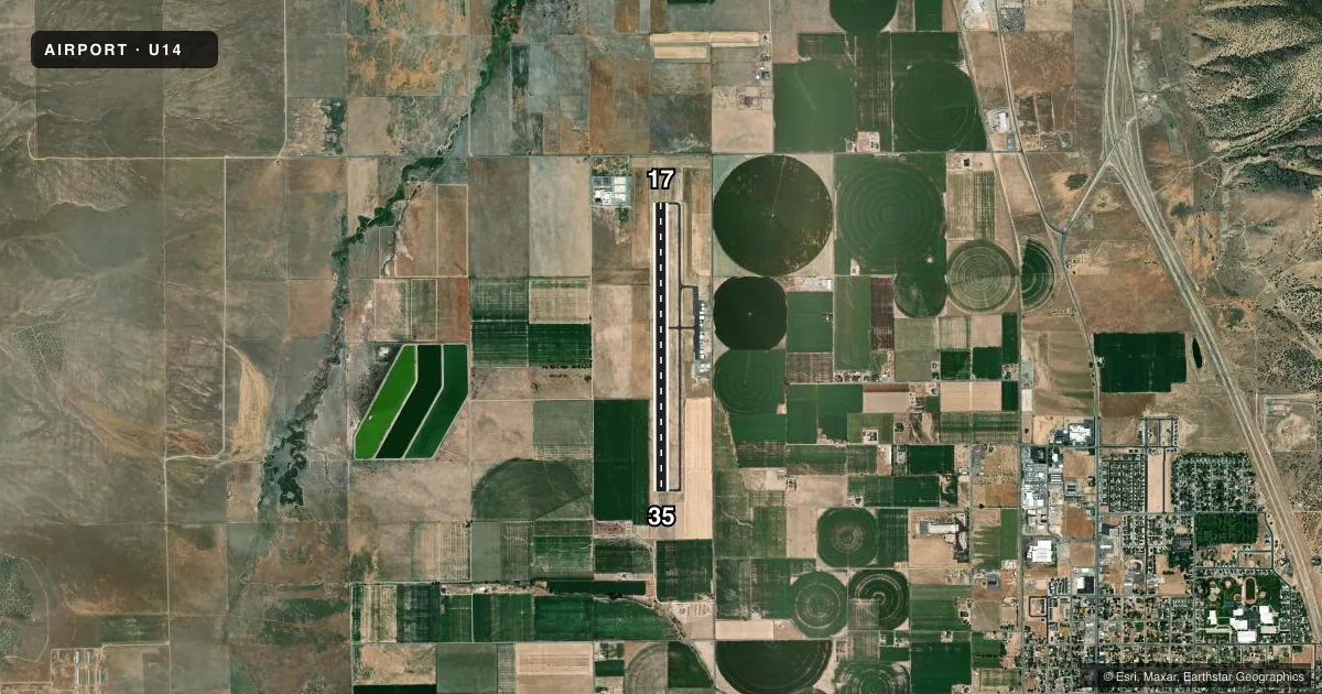 Top-down satellite sketch of U14 NEPHI MUNI in NEPHI, UTAH, showing runways 17/35 drawn to scale over Esri World Imagery