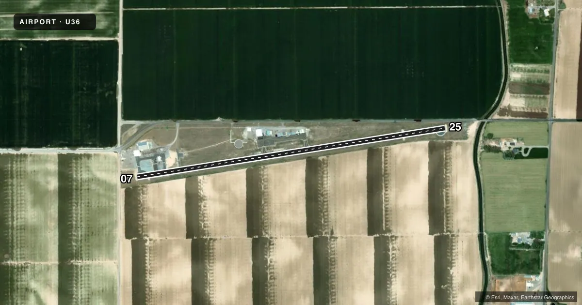 Top-down satellite sketch of U36 ABERDEEN MUNI in ABERDEEN, IDAHO, showing runways 07/25 drawn to scale over Esri World Imagery
