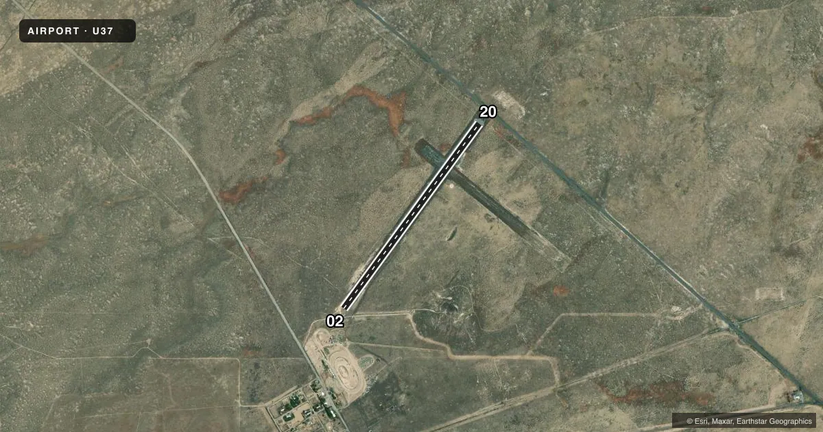 Top-down satellite sketch of U37 MIDWAY in ATOMIC CITY, IDAHO, showing runways 02/20 drawn to scale over Esri World Imagery