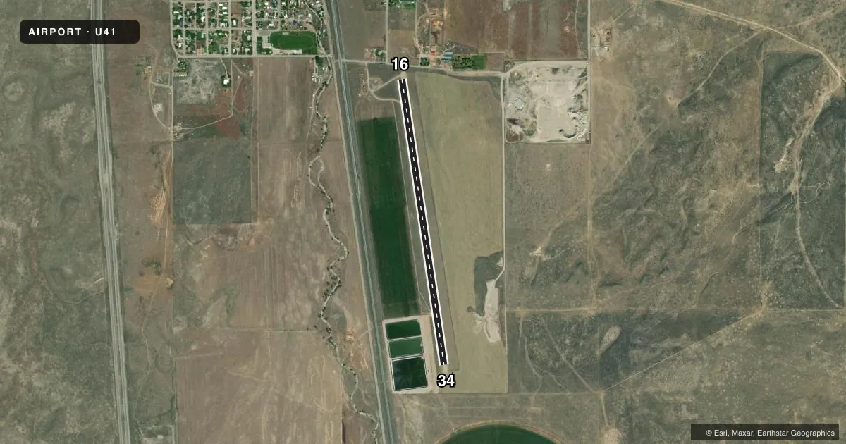 Top-down satellite sketch of U41 DUBOIS MUNI in DUBOIS, IDAHO, showing runways 16/34 drawn to scale over Esri World Imagery