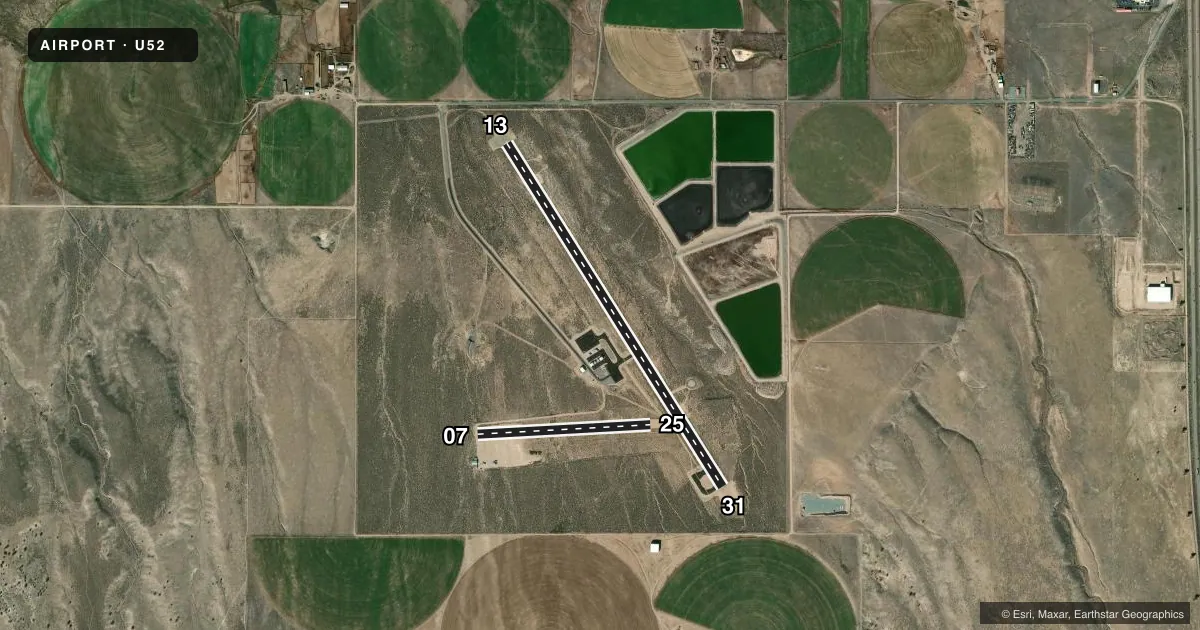 Top-down satellite sketch of U52 BEAVER MUNI in BEAVER, UTAH, showing runways 13/31, 07/25 drawn to scale over Esri World Imagery