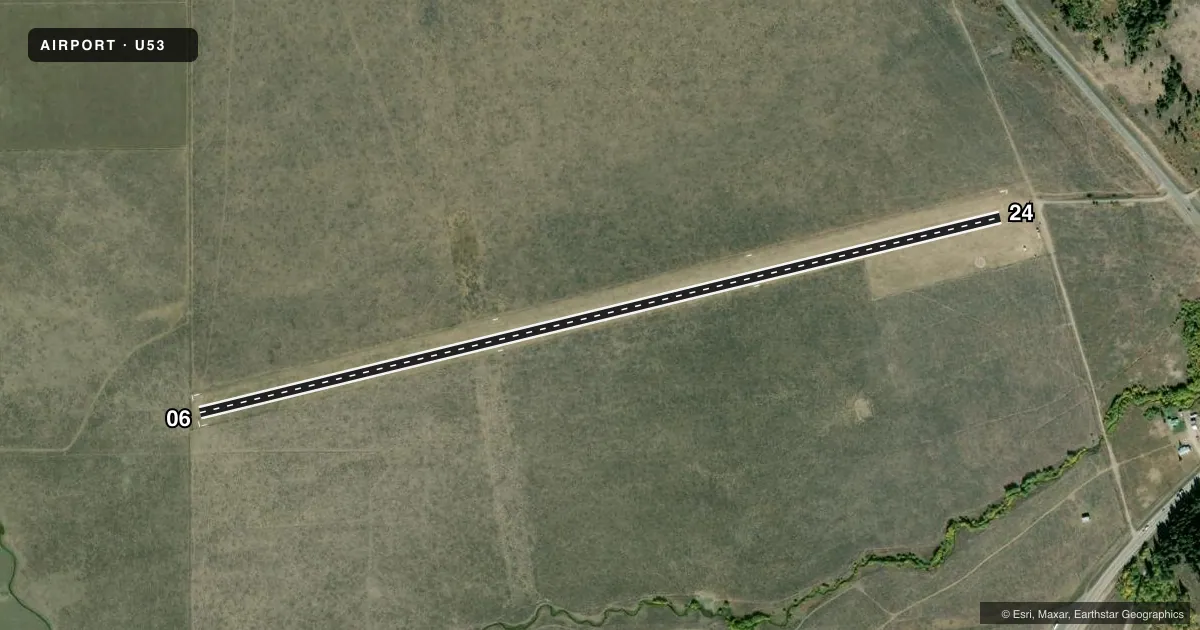 Top-down satellite sketch of U53 HENRYS LAKE in ISLAND PARK, IDAHO, showing runways 06/24 drawn to scale over Esri World Imagery