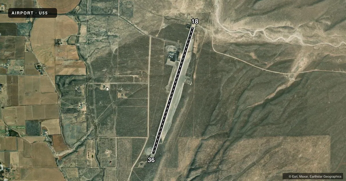 Top-down satellite sketch of U55 PANGUITCH MUNI in PANGUITCH, UTAH, showing runways 18/36 drawn to scale over Esri World Imagery