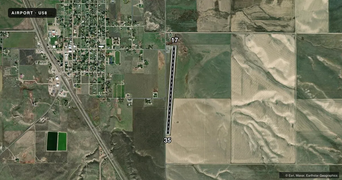 Top-down satellite sketch of U58 DOWNEY/HYDE MEML/ in DOWNEY, IDAHO, showing runways 17/35 drawn to scale over Esri World Imagery