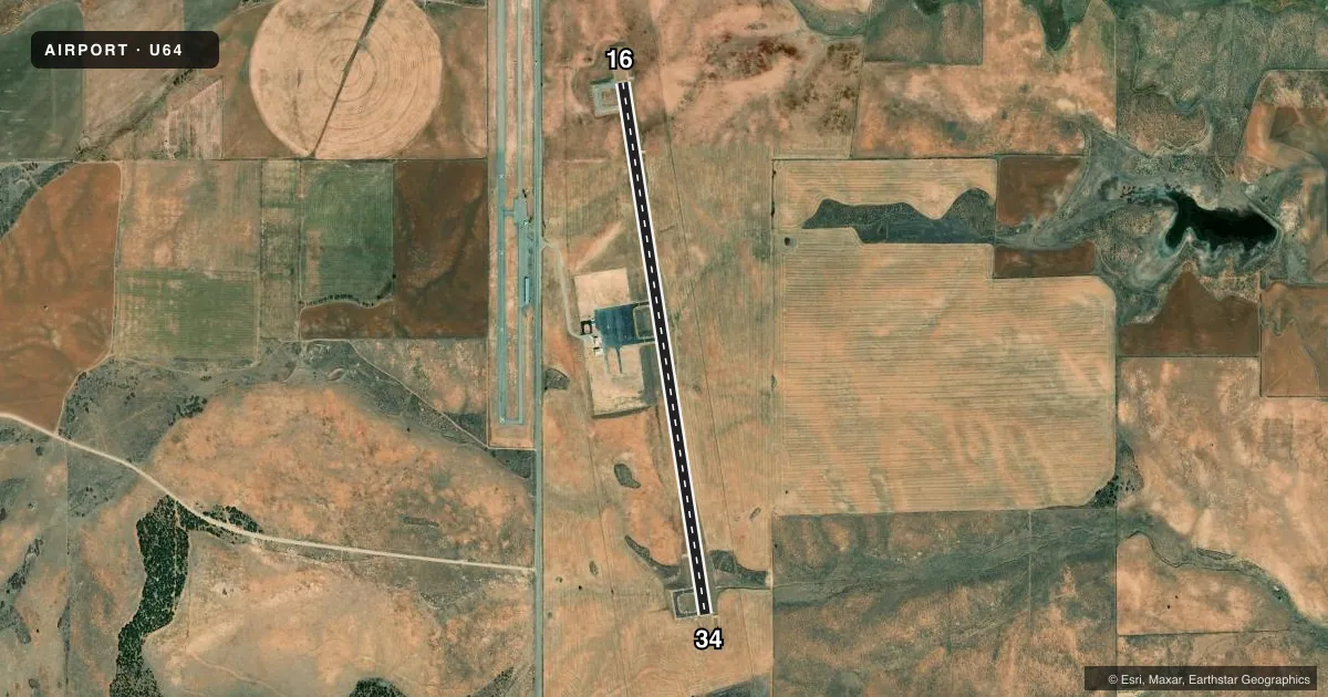 Top-down satellite sketch of U64 MONTICELLO in MONTICELLO, UTAH, showing runways 16/34 drawn to scale over Esri World Imagery
