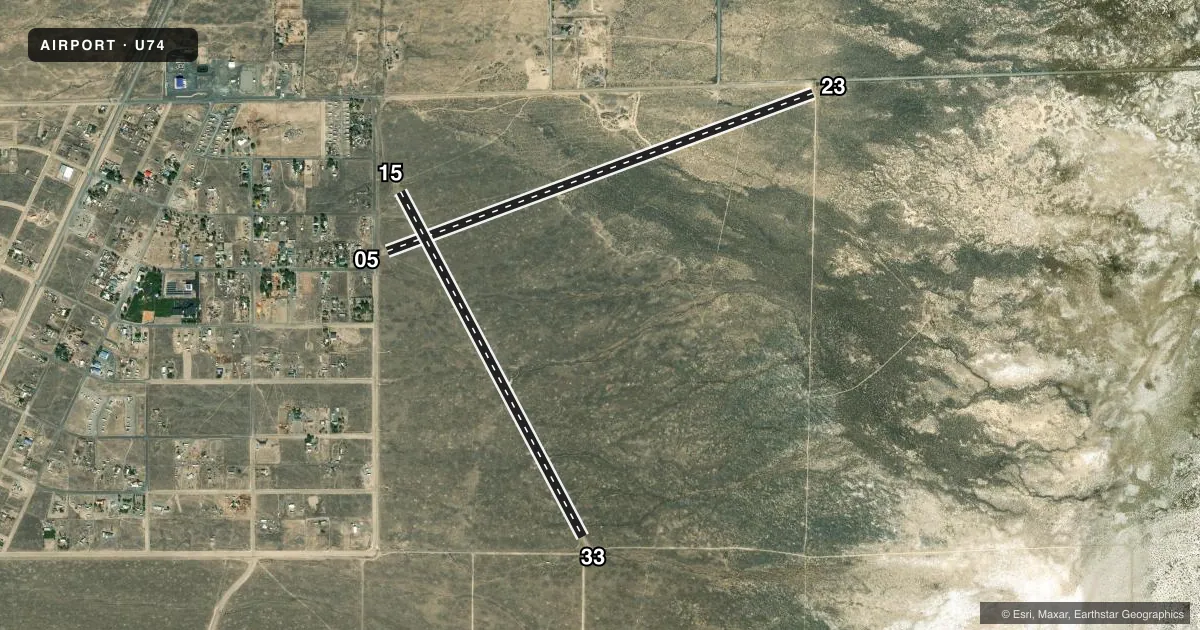 Top-down satellite sketch of U74 CRESCENT VALLEY in CRESCENT VALLEY, NEVADA, showing runways 05/23, 15/33 drawn to scale over Esri World Imagery