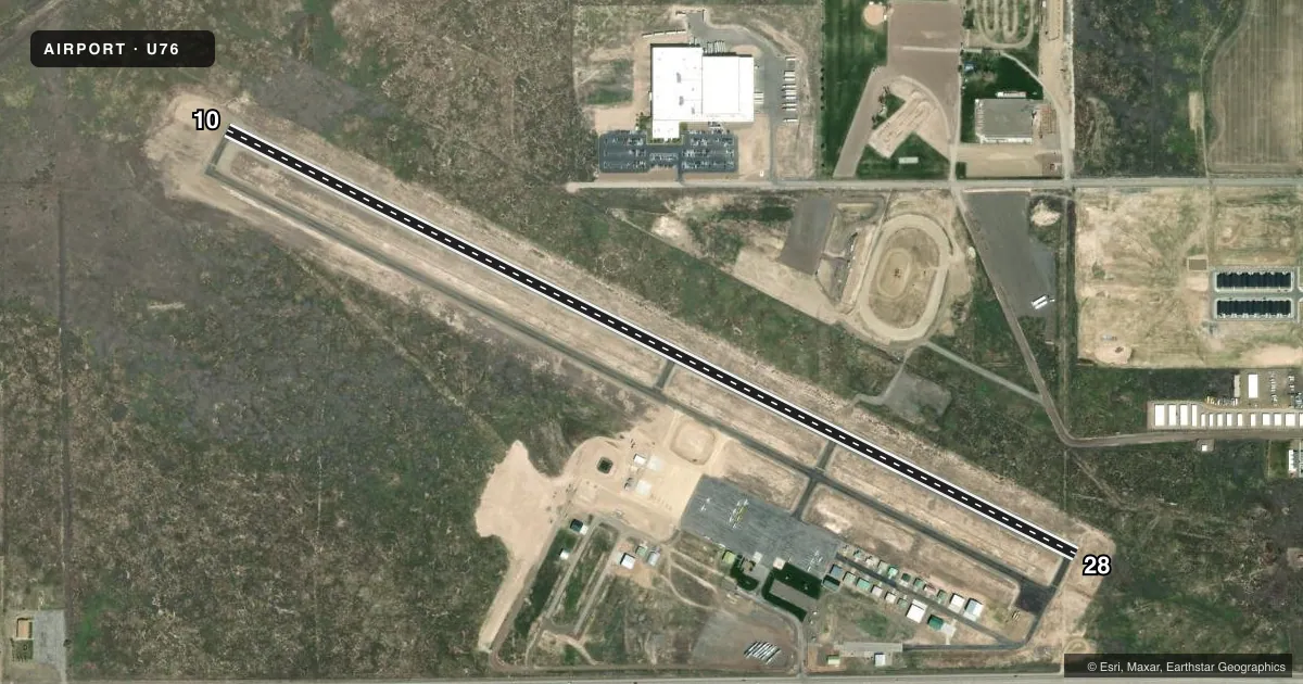 Top-down satellite sketch of U76 MOUNTAIN HOME MUNI in MOUNTAIN HOME, IDAHO, showing runways 10/28 drawn to scale over Esri World Imagery