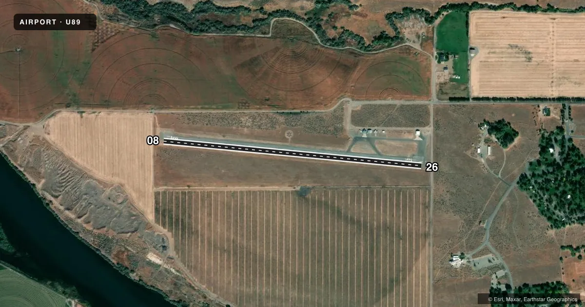 Top-down satellite sketch of U89 GLENNS FERRY MUNI in GLENNS FERRY, IDAHO, showing runways 08/26 drawn to scale over Esri World Imagery
