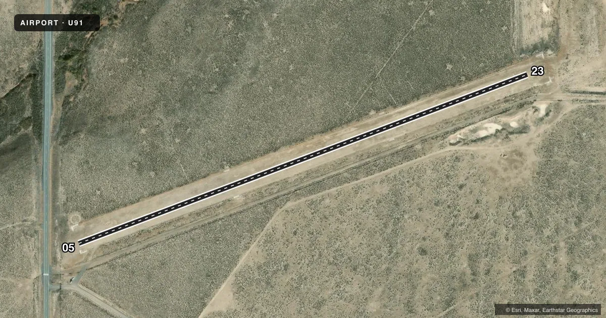 Top-down satellite sketch of U91 GRASMERE in GRASMERE, IDAHO, showing runways 05/23 drawn to scale over Esri World Imagery