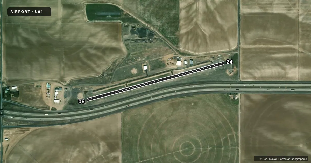 Top-down satellite sketch of U94 HAZELTON MUNI in HAZELTON, IDAHO, showing runways 06/24 drawn to scale over Esri World Imagery