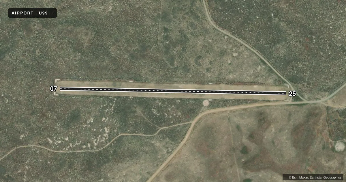 Top-down satellite sketch of U99 LAIDLAW CORRALS in KIMAMA, IDAHO, showing runways 07/25 drawn to scale over Esri World Imagery