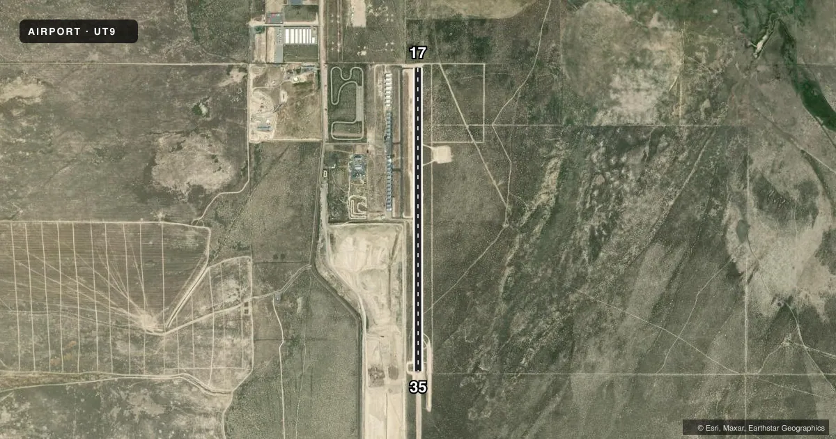Top-down satellite sketch of UT9 WEST DESERT AIRPARK in FAIRFIELD, UTAH, showing runways 17/35 drawn to scale over Esri World Imagery