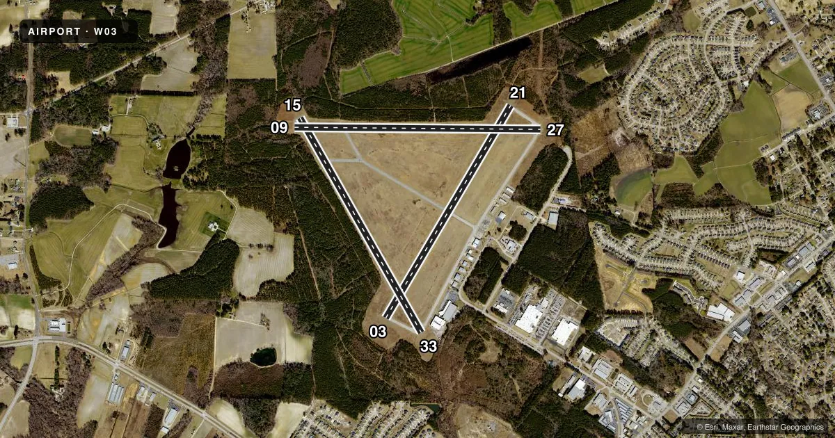 Top-down satellite sketch of W03 WILSON INDUSTRIAL AIR CENTER in WILSON, NORTH CAROLINA, showing runways 03/21, 15/33, 09/27 drawn to scale over Esri World Imagery