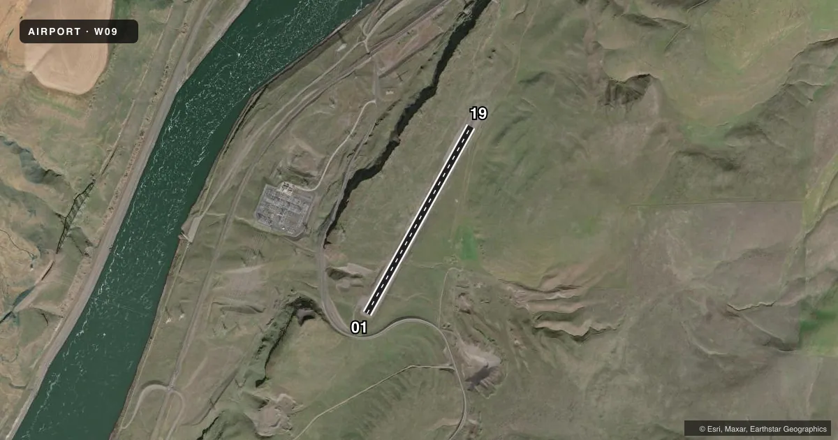 Top-down satellite sketch of W09 LOWER MONUMENTAL STATE in KAHLOTUS, WASHINGTON, showing runways 01/19 drawn to scale over Esri World Imagery