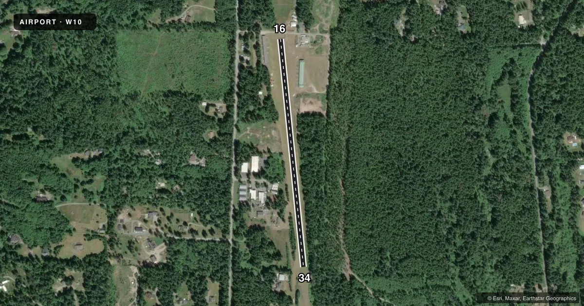 Top-down satellite sketch of W10 WHIDBEY AIR PARK in LANGLEY, WASHINGTON, showing runways 16/34 drawn to scale over Esri World Imagery